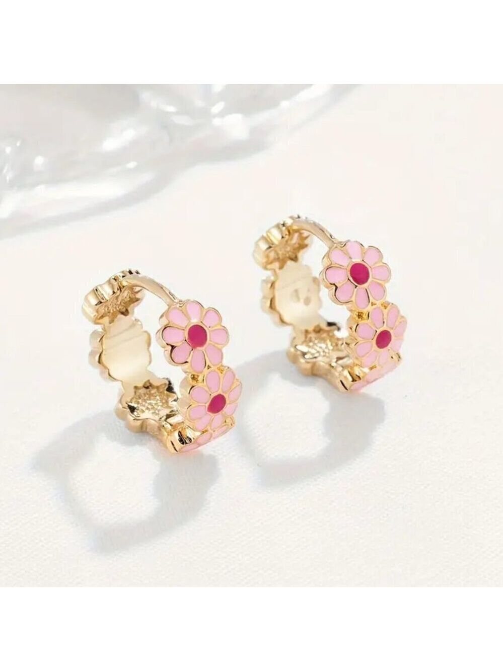 Gold Hoop Earrings with Pink Daisy Accents